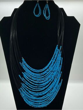 Turquoise Blue Multi-Layer Beaded Necklace W/Wire Dangling Earrings